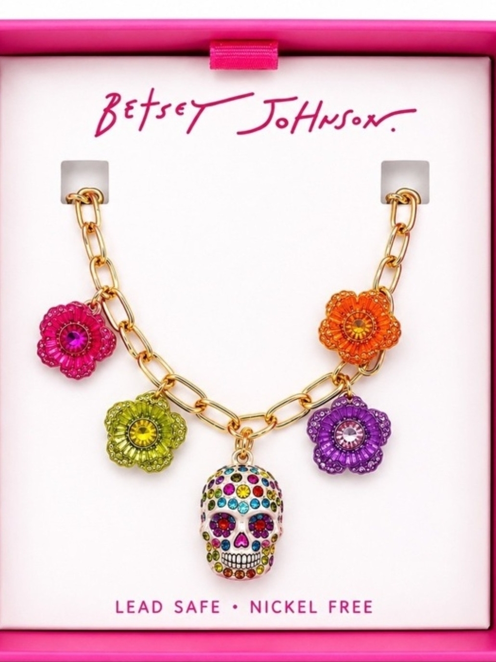 👉✨️Betsey Johnson Multicolor Floral & Crystal Skull Charm Necklace - Gold Chain